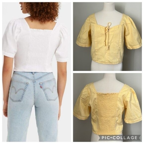 Levi’s Hazel Cotton Smocked Back Sweetheart Neckline Yellow Top Sz M - Picture 1 of 12
